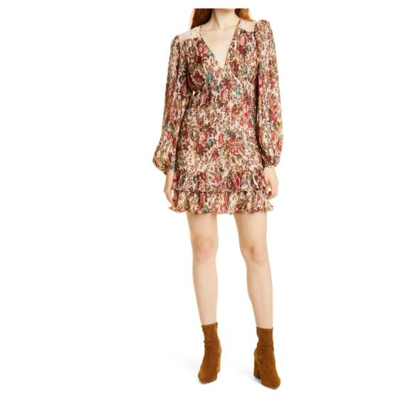 byTimo Long Sleeve Plissé Mini dress Brown Floral Autumn L - Picture 1 of 12
